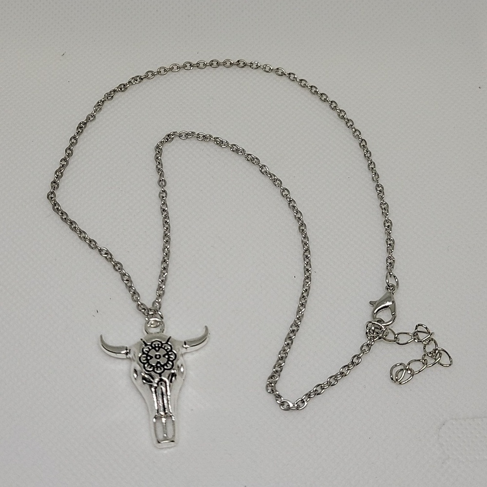 Cow Head Skull Silver Tone 19" + 2" Extension Necklace